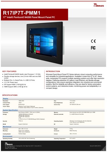 17" Intel&reg; Pentium&reg; N4200 Panel Mount Panel PC R17IP7T-PMM1