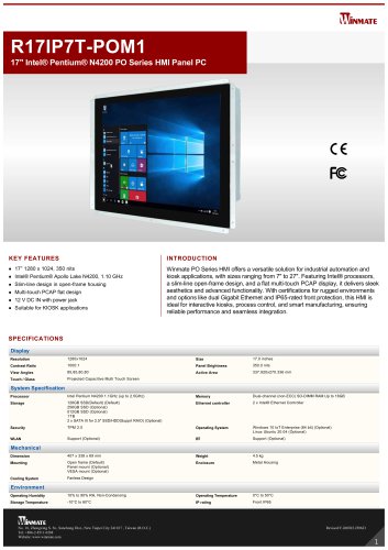 17" Intel&reg; Pentium&reg; N4200 PO Series HMI Panel PC R17IP7T-POM1