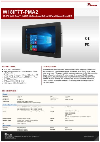 18.5" Intel&reg; Core&trade; i3/i5/i7 (Coffee Lake Refresh) Panel Mount Panel PC W18IF7T-PMA2