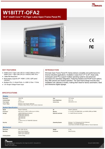 18.5&rdquo; Intel&reg; Core&trade; i5 (Tiger Lake) Open Frame Panel PC W18IT7T-OFA2