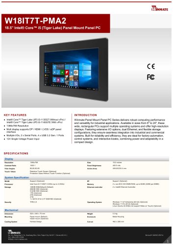 18.5&rdquo; Intel&reg; Core&trade; i5 (Tiger Lake) Panel Mount Panel PC W18IT7T-PMA2