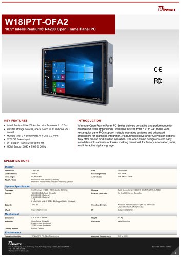 18.5" Intel&reg; Pentium&reg; N4200 Open Frame Panel PC W18IP7T-OFA2