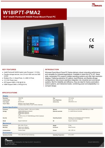 18.5" Intel&reg; Pentium&reg; N4200 Panel Mount Panel PC W18IP7T-PMA2
