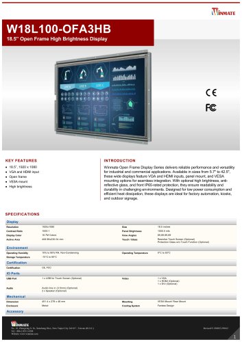 18.5&rdquo; Open Frame High Brightness Display W18L100-OFA3HB
