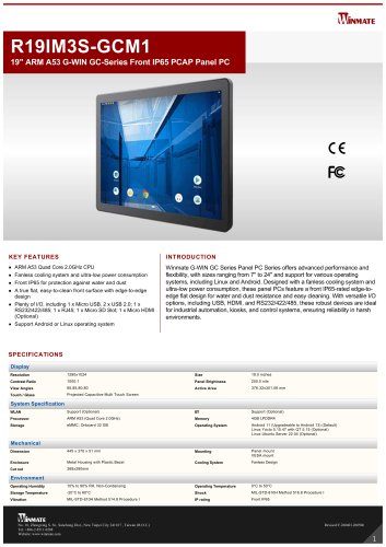 19" ARM A53 G-WIN GC-Series Front IP65 PCAP Panel PC R19IM3S-GCM1
