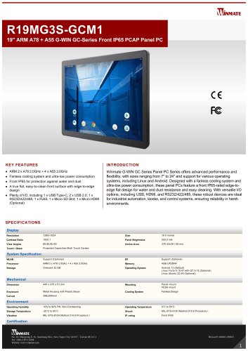 19" ARM A78 + A55 G-WIN GC-Series Front IP65 PCAP Panel PC R19MG3S-GCM1