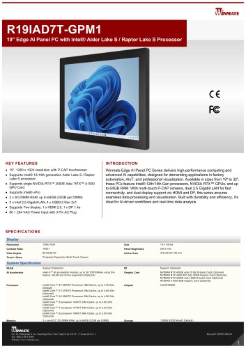 19" Edge AI Panel PC with Intel&reg; Alder Lake S / Raptor Lake S Processor R19IAD7T-GPM1