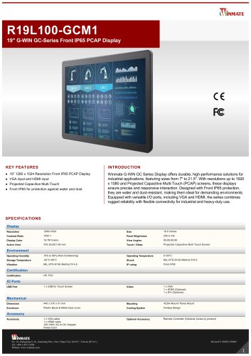 19" G-WIN GC-Series Front IP65 PCAP Display R19L100-GCM1