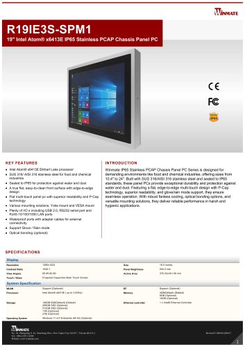 19" Intel Atom&reg; x6413E IP65 Stainless PCAP Chassis Panel PC R19IE3S-SPM1