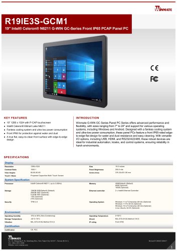 19" Intel&reg; Celeron&reg; N6211 G-WIN GC-Series Front IP65 PCAP Panel PC R19IE3S-GCM1