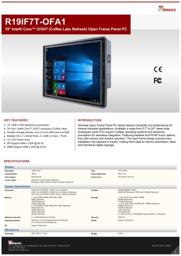 19" Intel&reg; Core&trade; i3/i5/i7 (Coffee Lake Refresh) Open Frame Panel PC R19IF7T-OFA1