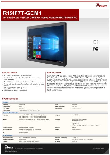19" Intel&reg; Core&trade; i3/i5/i7 G-WIN GC Series Front IP65 PCAP Panel PC R19IF7T-GCM1
