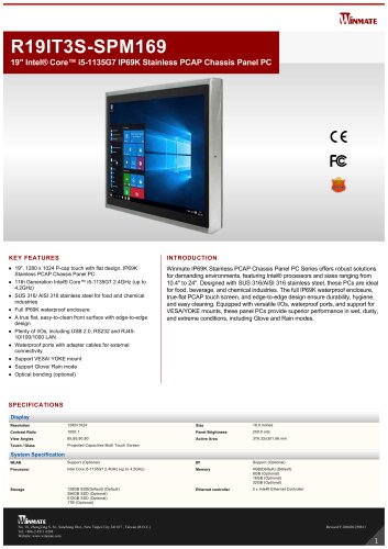19" Intel&reg; Core&trade; i5-1135G7 IP69K Stainless PCAP Chassis Panel PC R19IT3S-SPM169