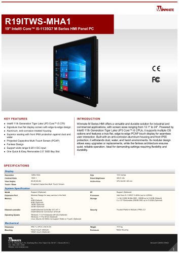 19" Intel&reg; Core&trade; i5-1135G7 M Series HMI Panel PC R19ITWS-MHA1