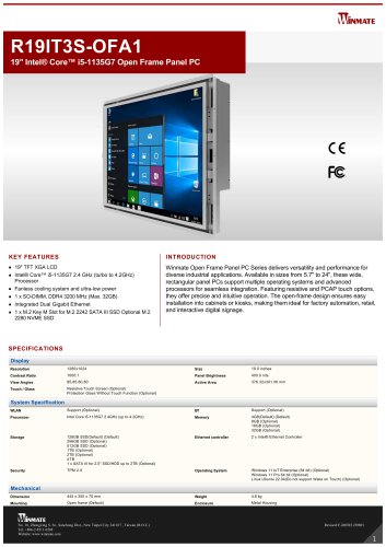 19" Intel&reg; Core&trade; i5-1135G7 Open Frame Panel PC R19IT3S-OFA1