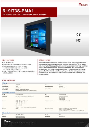 19" Intel&reg; Core&trade; i5-1135G7 Panel Mount Panel PC R19IT3S-PMA1