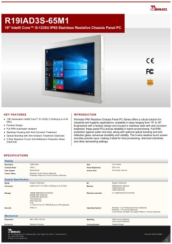 19" Intel&reg; Core&trade; i5-1235U IP65 Stainless Resistive Chassis Panel PC R19IAD3S-65M1