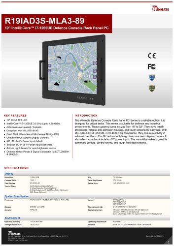 19" Intel&reg; Core&trade; i7-1265UE Defence Console Rack Panel PC R19IAD3S-MLA3-89 