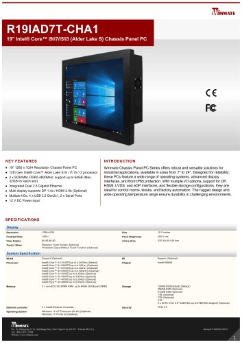 19" Intel&reg; Core&trade; i9/i7/i5/i3 (Alder Lake S) Chassis Panel PC R19IAD7T-CHA1