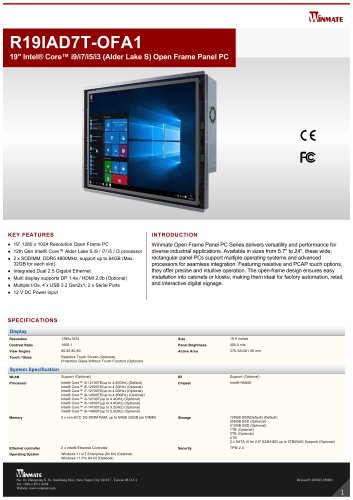 19" Intel&reg; Core&trade; i9/i7/i5/i3 (Alder Lake S) Open Frame Panel PC R19IAD7T-OFA1