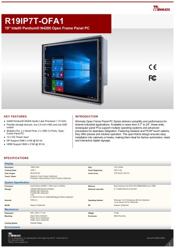 19" Intel&reg; Pentium&reg; N4200 Open Frame Panel PC R19IP7T-OFA1