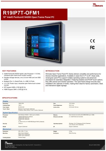 19" Intel&reg; Pentium&reg; N4200 Open Frame Panel PC R19IP7T-OFM1