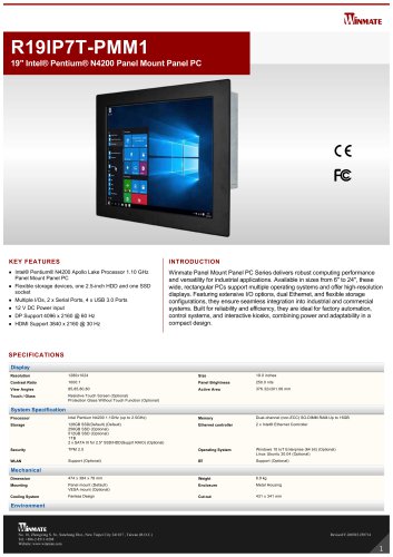 19" Intel&reg; Pentium&reg; N4200 Panel Mount Panel PC R19IP7T-PMM1