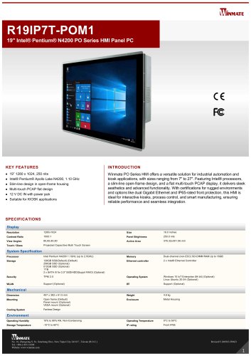 19" Intel&reg; Pentium&reg; N4200 PO Series HMI Panel PC R19IP7T-POM1