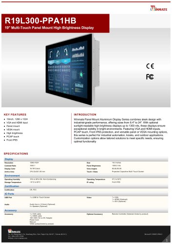 19" Multi-Touch Panel Mount High Brightness Display R19L300-PPA1HB