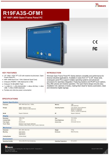 19" NXP i.MX6 Open Frame Panel PC R19FA3S-OFM1