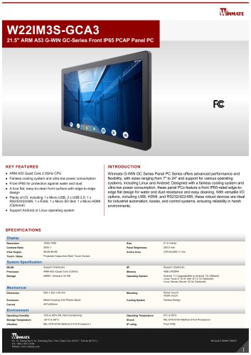 21.5" ARM A53 G-WIN GC-Series Front IP65 PCAP Panel PC W22IM3S-GCA3