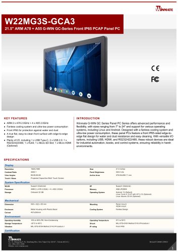 21.5" ARM A78 + A55 G-WIN GC-Series Front IP65 PCAP Panel PC W22MG3S-GCA3