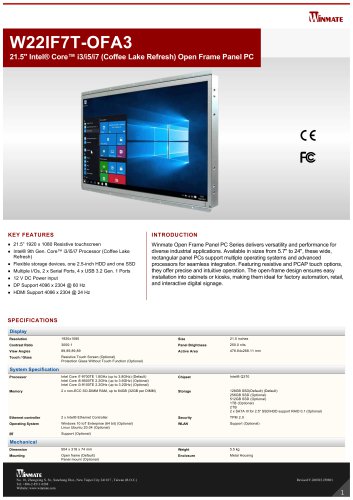 21.5" Intel&reg; Core&trade; i3/i5/i7 (Coffee Lake Refresh) Open Frame Panel PC W22IF7T-OFA3