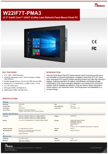 21.5" Intel&reg; Core&trade; i3/i5/i7 (Coffee Lake Refresh) Panel Mount Panel PC W22IF7T-PMA3