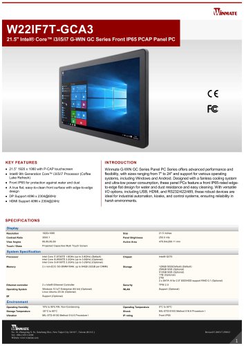 21.5" Intel&reg; Core&trade; i3/i5/i7 G-WIN GC Series Front IP65 PCAP Panel PC W22IF7T-GCA3