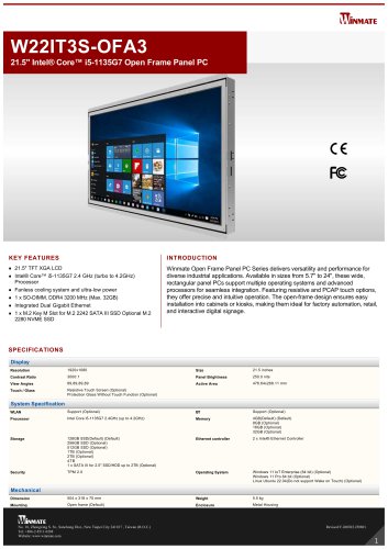 21.5" Intel&reg; Core&trade; i5-1135G7 Open Frame Panel PC W22IT3S-OFA3