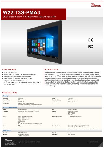 21.5" Intel&reg; Core&trade; i5-1135G7 Panel Mount Panel PC W22IT3S-PMA3