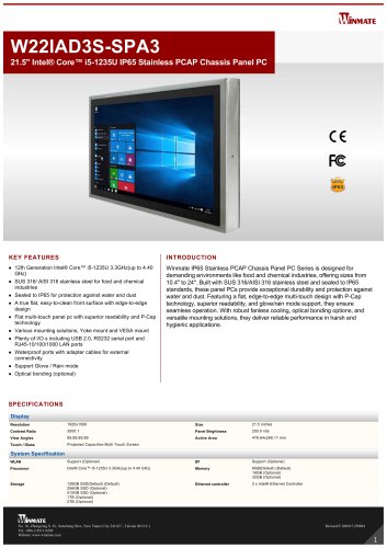 21.5" Intel&reg; Core&trade; i5-1235U IP65 Stainless PCAP Chassis Panel PC W22IAD3S-SPA3