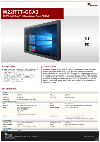 21.5" Intel&reg; Core&trade; i5 Standalone Panel PC HMI W22IT7T-GCA3