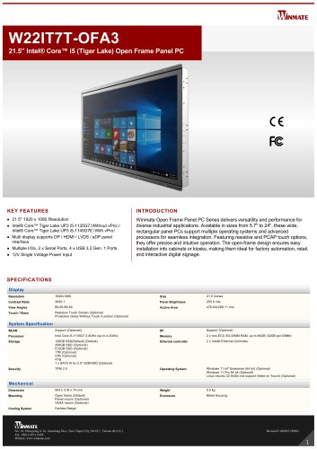 21.5&rdquo; Intel&reg; Core&trade; i5 (Tiger Lake) Open Frame Panel PC W22IT7T-OFA3
