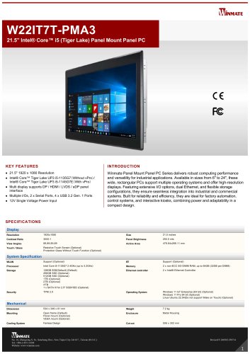 21.5&rdquo; Intel&reg; Core&trade; i5 (Tiger Lake) Panel Mount Panel PC W22IT7T-PMA3