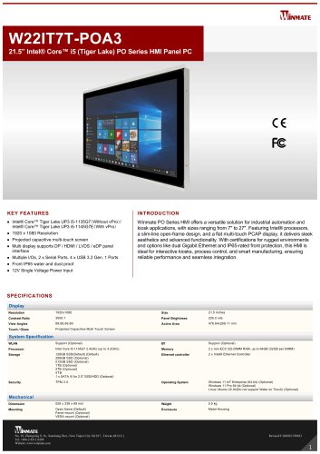 21.5&rdquo; Intel&reg; Core&trade; i5 (Tiger Lake) PO Series HMI Panel PC W22IT7T-POA3