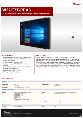 21.5&rdquo; Intel&reg; Core&trade; i5 (Tiger Lake) PP Series HMI Panel PC W22IT7T-PPA3