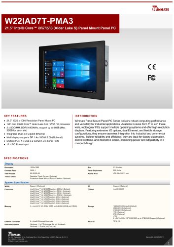 21.5" Intel&reg; Core&trade; i9/i7/i5/i3 (Alder Lake S) Panel Mount Panel PC W22IAD7T-PMA3