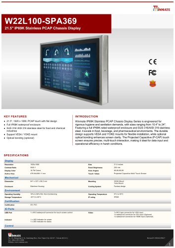 21.5" IP69K Stainless PCAP Chassis Display W22L100-SPA369