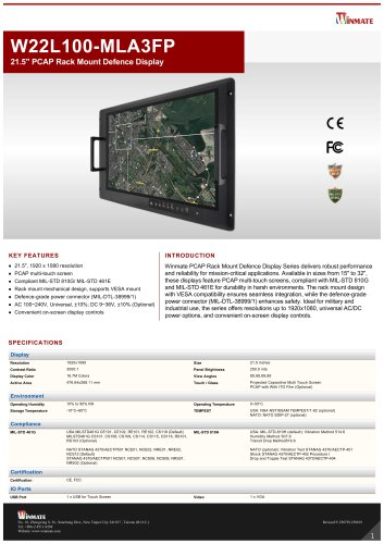 21.5" PCAP Rack Mount Defence Display W22L100-MLA3FP