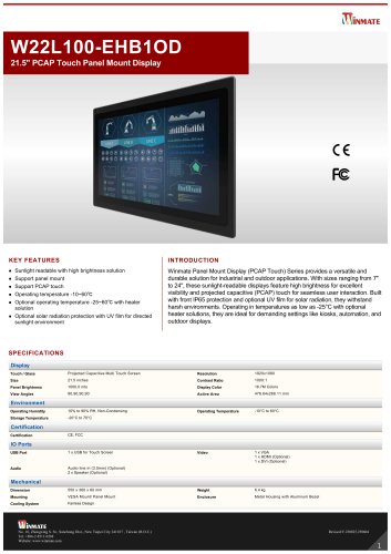 21.5" PCAP Touch Panel Mount Display W22L100-EHB1OD