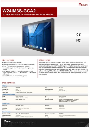 24" ARM A53 G-WIN GC-Series Front IP65 PCAP Panel PC W24IM3S-GCA2