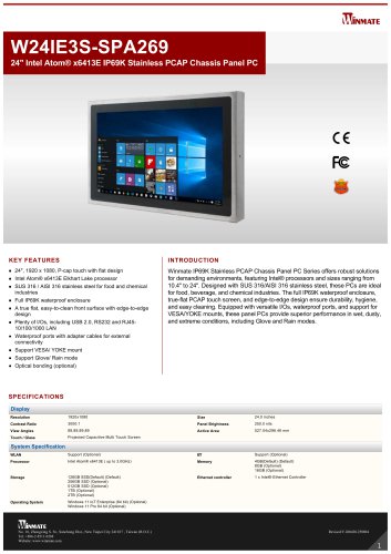 24" Intel Atom&reg; x6413E IP69K Stainless PCAP Chassis Panel PC W24IE3S-SPA269