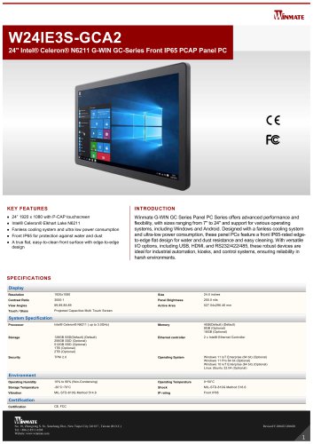 24" Intel&reg; Celeron&reg; N6211 G-WIN GC-Series Front IP65 PCAP Panel PC W24IE3S-GCA2